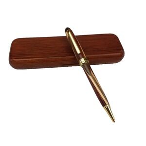 Wooden Hickory Ballpoint Pen Presentation Case Gold-Tone Trim Black‎ Ink NWOT